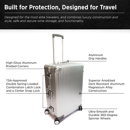 VinGardeValise® VinAluminum Wine Travel Suitcase - 12-Bottle Aluminum Luggage with TSA Lock, Shockproof Foam Inserts, Spinner Wheels, Hard Shell, Airline Approved