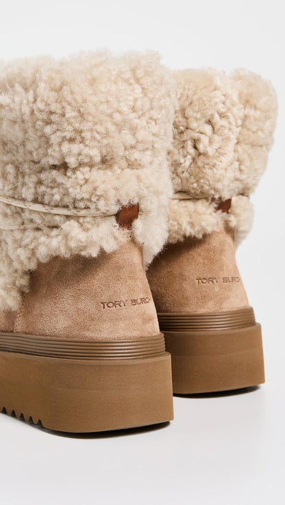 Tory Burch Women's Mellow Shearling Lace Up Boots, Buttermilk/Light Chestnut, 10 Medium US
