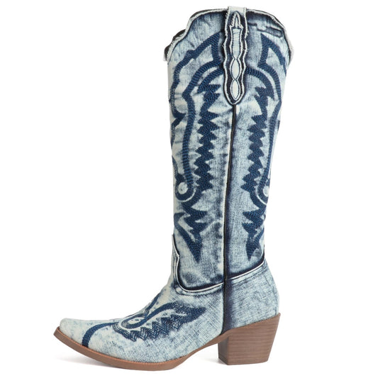 FIFSY Light Blue Denim Cowboy Boots for Women Embroidered Jean Knee High Cowgirl Boots Pointed Toe Chunky Heel Vintage Western Boots， US10