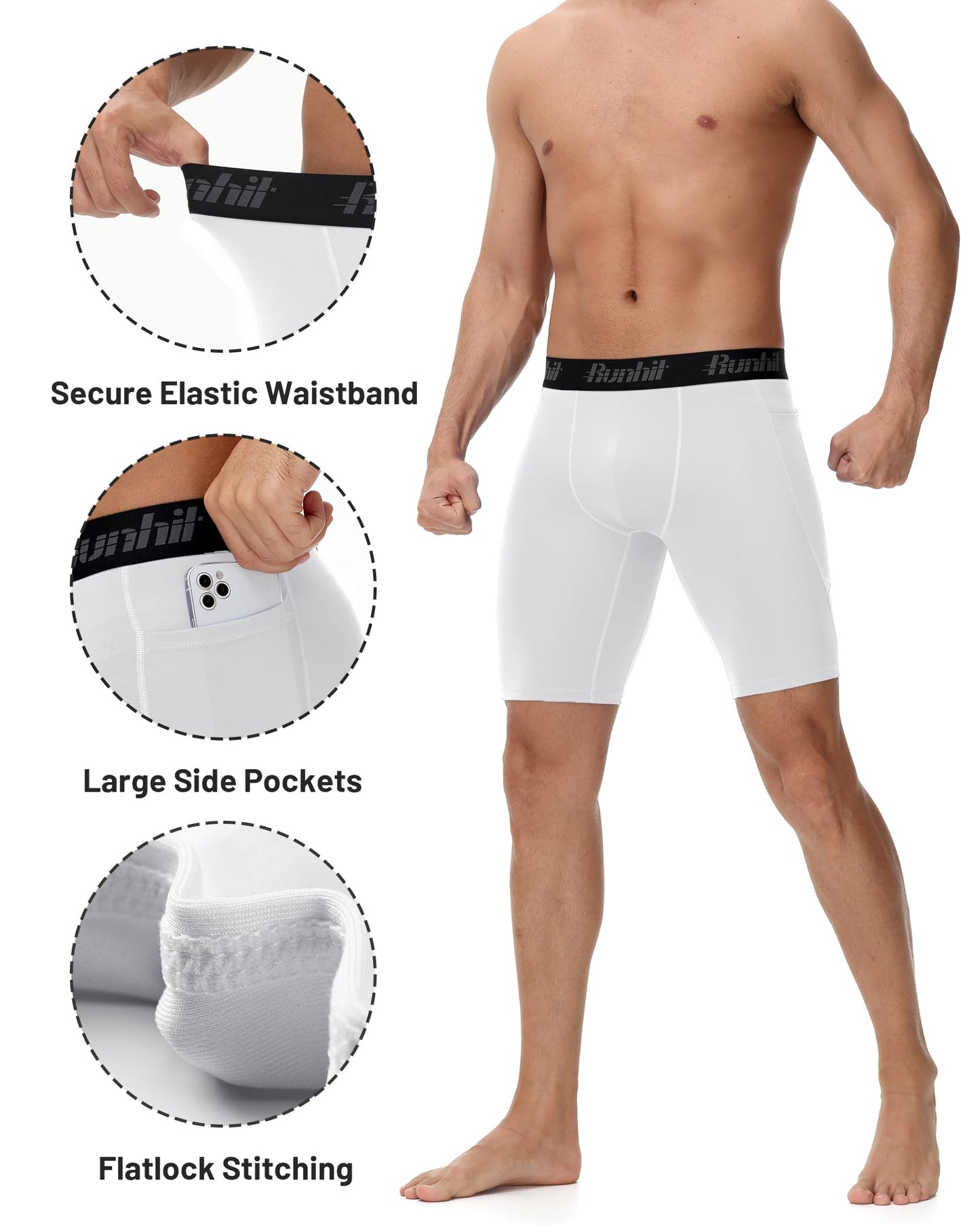 Runhit Mens Compression Shorts with Pocket, Spandex Athletic Workout Shorts, Performance Underwear Running 2 Pack White White S
