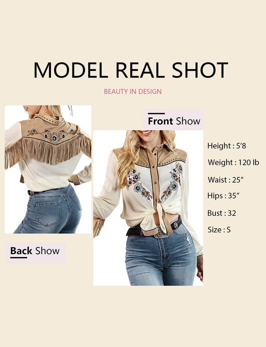 JOHN MOON Women's Embroidered Western Long Sleeve Buttons Down Shirts Collared Retro Casual Blouses