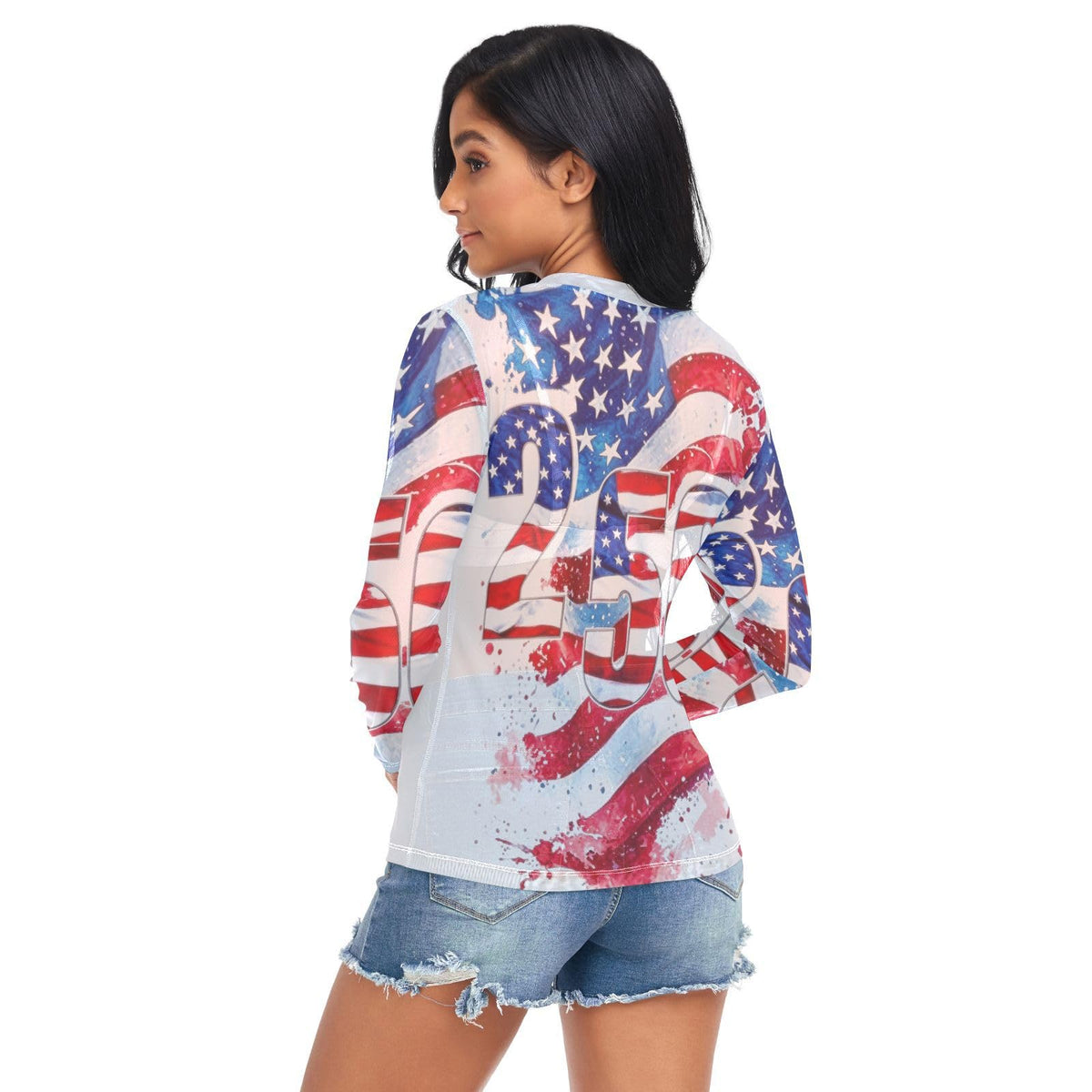 Women Mesh Tops Sexy- American Flag Stars Stripes Number Sheer Long Sleeve Shirts Crew Neck Going Out Tops L