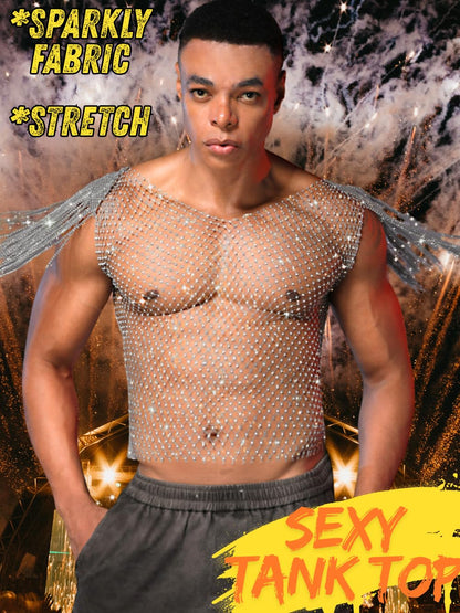 EHSUYAB Men Sexy Fringe Cap Sleeve Sparkly Rhinestone Mesh Top, See Through Fishnet Shirt Tank Tops, Concert Club Rave Outfit Silver One Size
