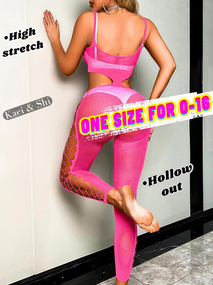 Kaei&Shi Rave Outfits Jumpsuit For Women, Sexy Curvy Fishnet Mesh Bodysuit,Exotic Dancer Body Suit, Glow Dark Sheer Lingerie,Pink