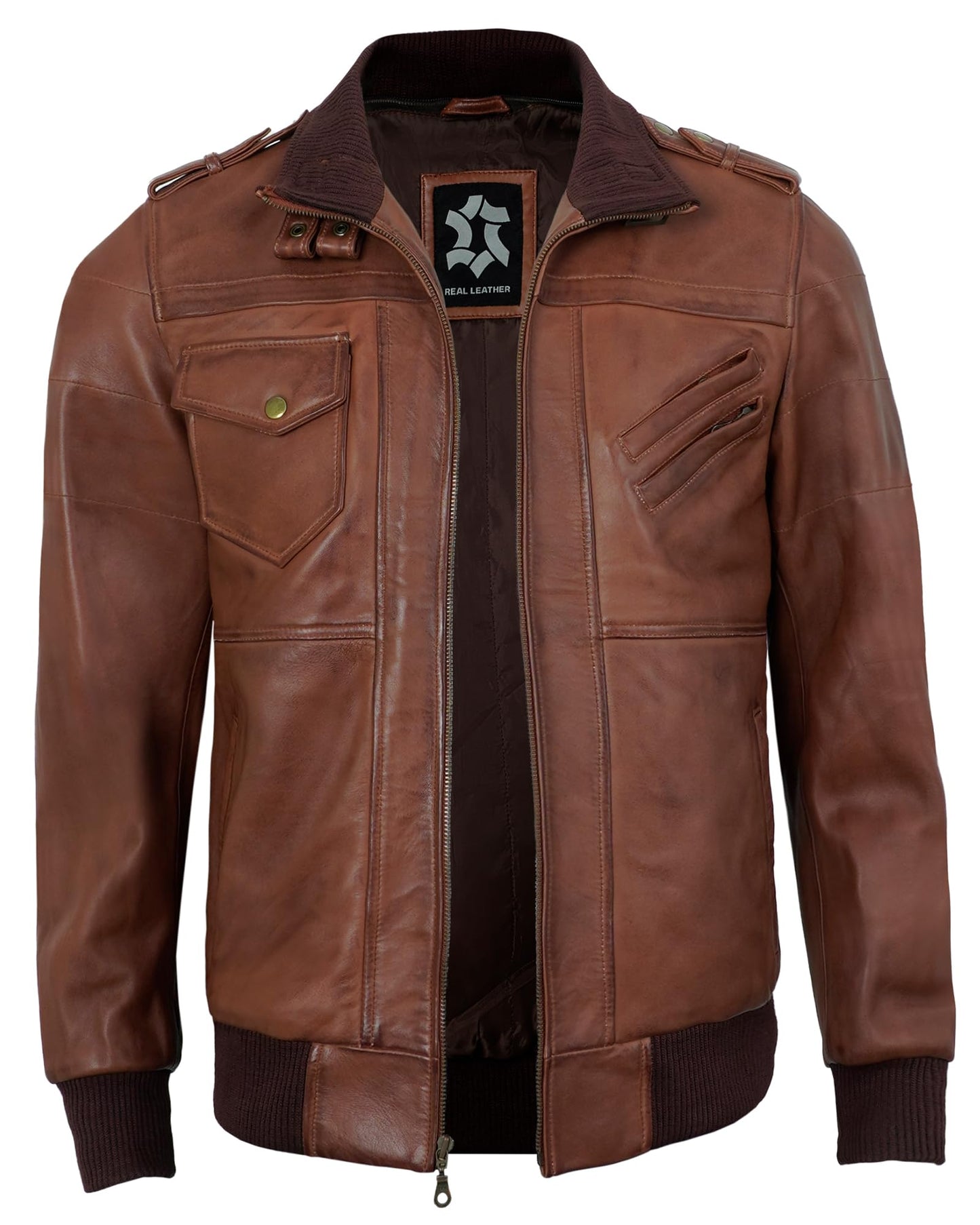 UrbanFocal Brown Leather Bomber Jacket Men - Real Lambskin Hooded Mens Leather Jackets | [101010006] Edinburgh Cognac, 2XL