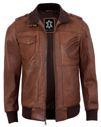 UrbanFocal Brown Leather Bomber Jacket Men - Real Lambskin Hooded Mens Leather Jackets | [101010006] Edinburgh Cognac, 2XL