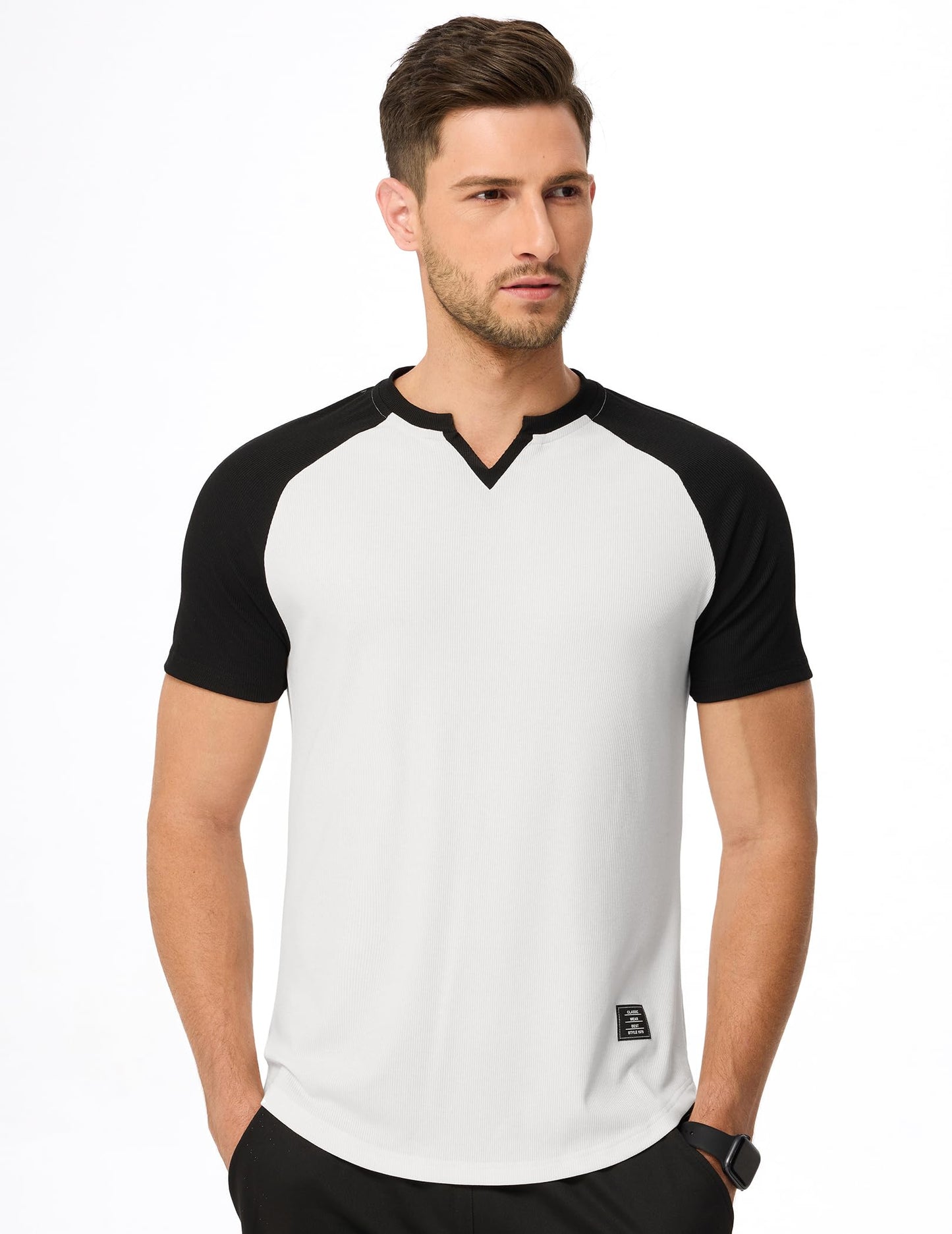 JMIERR Mens V-Neck Muscle Henley Shirt Patchwork Workout Gym Athletic Shirts Summer Fashion Short Sleeve Shirt for Men, M