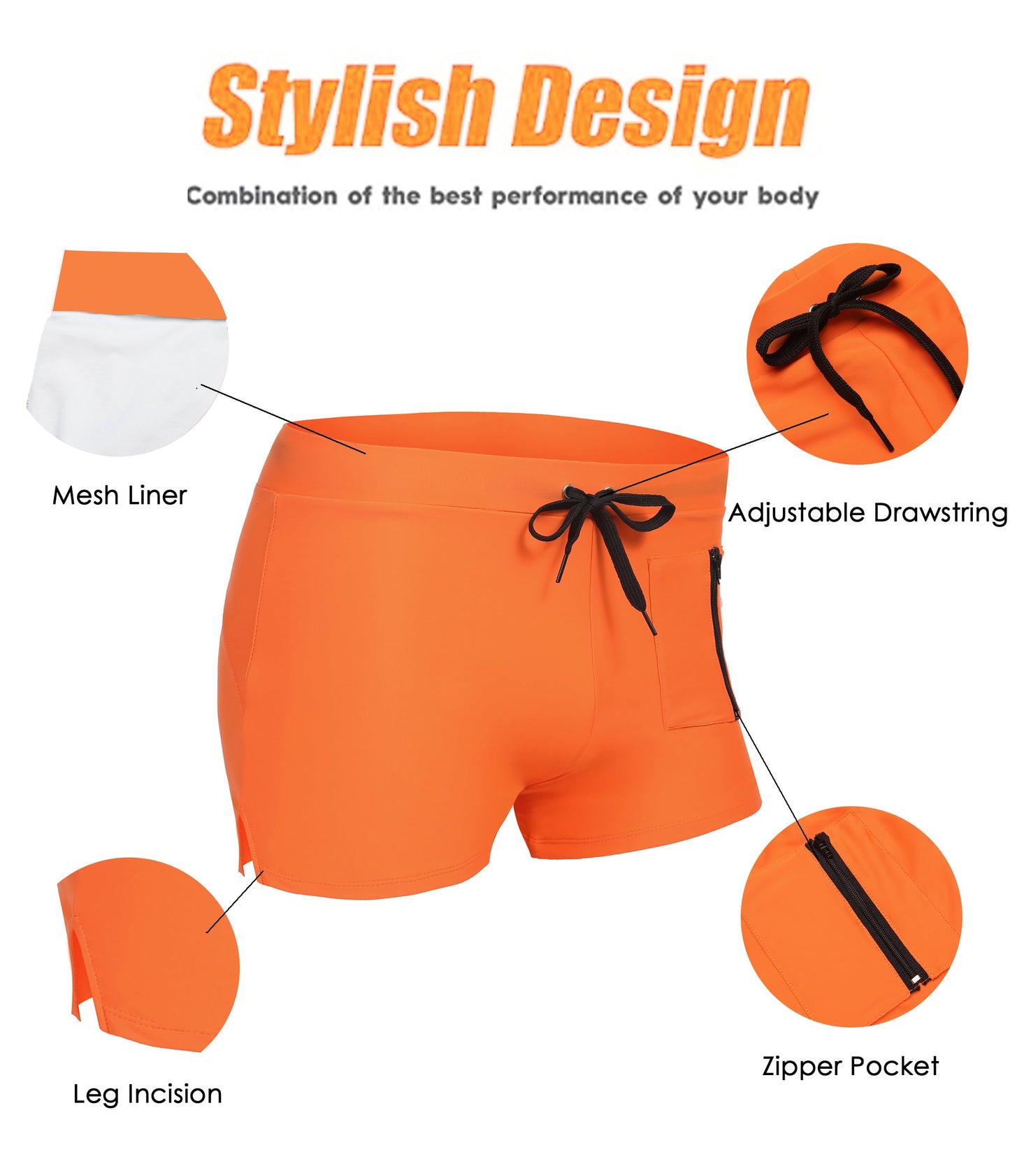 COOFANDY Mens Quick Dry Lightweight Square Leg Cut Trunks Swimwear, Medium, 1 - Orange