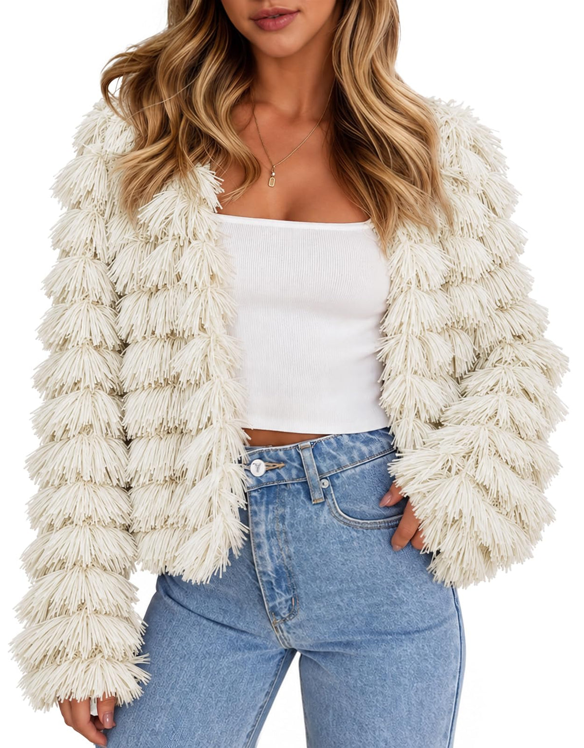 Womens Open Front Faux Fur Cardigan Vintage Parka Shaggy Jacket Coat