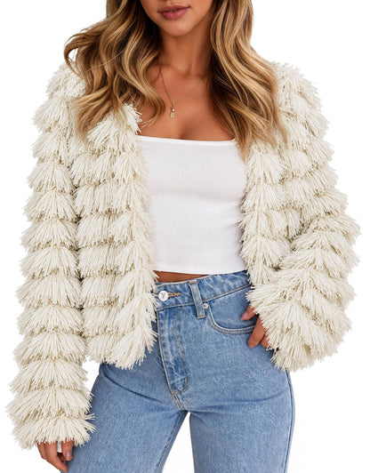 Womens Open Front Faux Fur Cardigan Vintage Parka Shaggy Jacket Coat