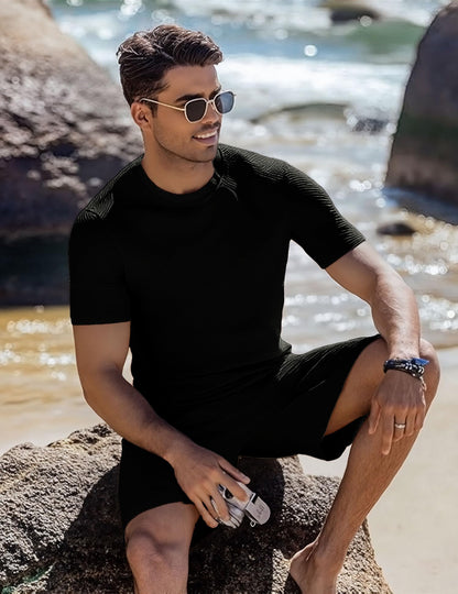 FcuteL Mens Track Suits 2 Piece Set T Shirts Shorts Sets Fashion Retro Textured Sweatsuit Vacation Cruise Outfits Black L