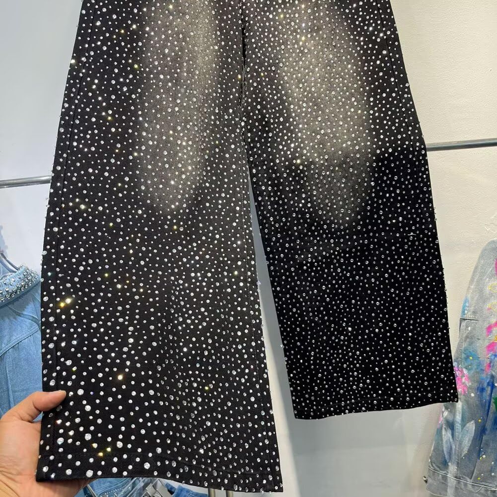 DYYLZYJ Rhinestone Jeans for Men High Waist Wide Leg Y2K Streetwear Embellished Bling Sparkly Glitter Jeans Black Medium