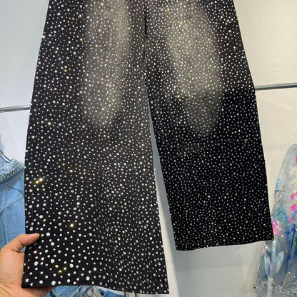 DYYLZYJ Rhinestone Jeans for Men High Waist Wide Leg Y2K Streetwear Embellished Bling Sparkly Glitter Jeans Black Medium