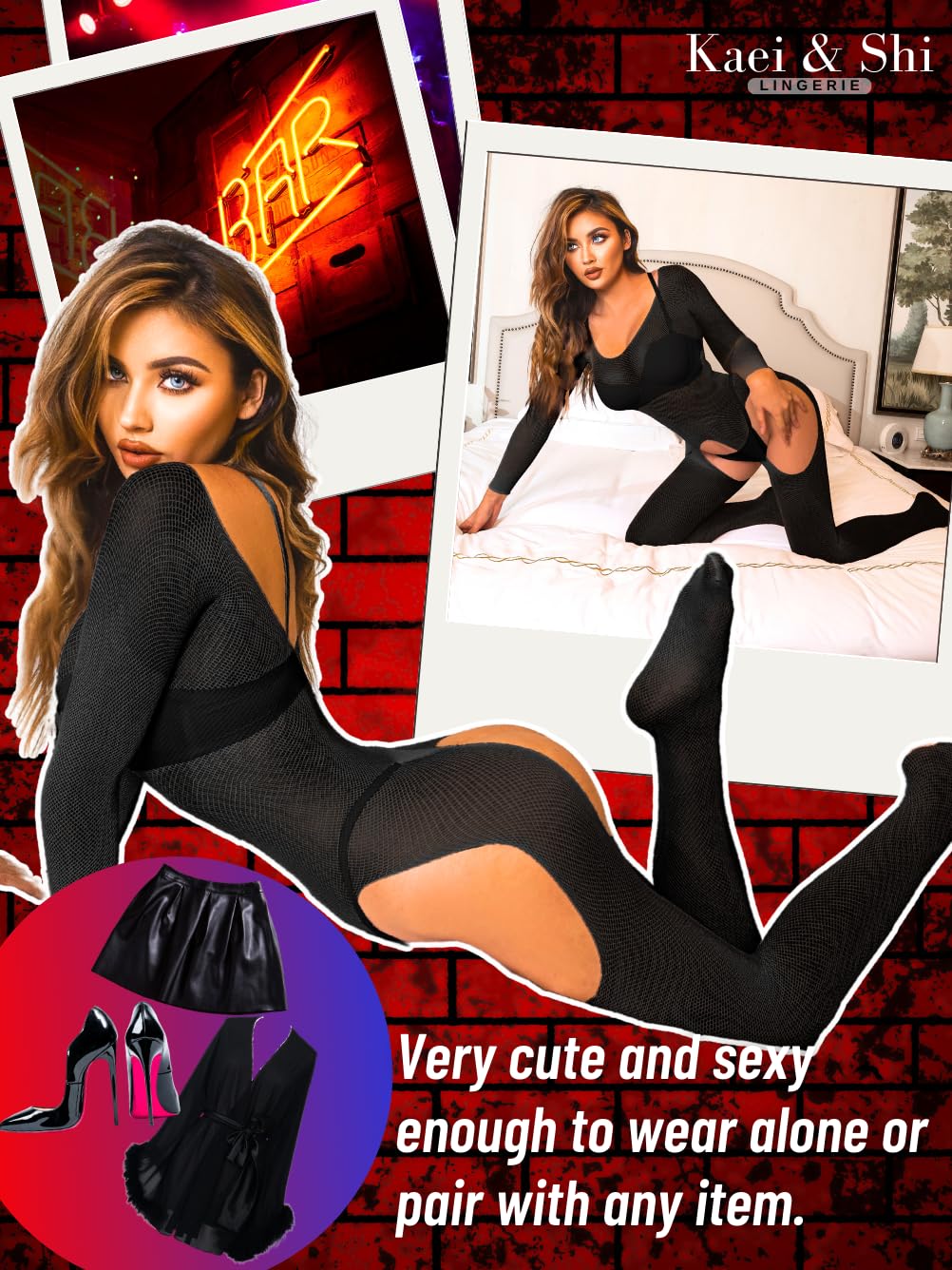 Kaei&Shi Fishnet Bodysuit For Women Fit 0-18, Sexy Long Sleeve Bodystocking, Plus Size Exotic Sheer Lingerie Glow Rave Outfit,Black