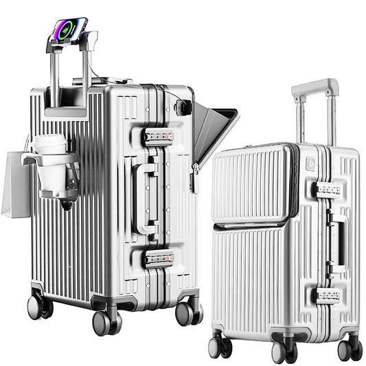 2-Piece Hardshell Zipperless Luggage Set, 20/26" Aluminum Frame Hardshell Spinner Luggage, Airline Approved Carry-On Luggage, TSA Lock, 360° Quiet Wheels With Cup Holder (silver)