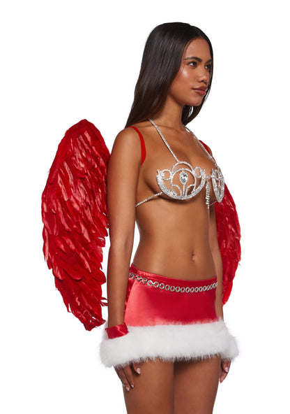 Dolls Kill Supermodel Angel Costume by Trickz N’ Treatz – Women’s Red Bejeweled Bra, Skirt, Gloves & Wings Set, Medium
