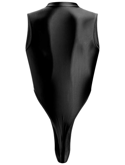 Men's Mesh Sheer Bodysuit Mock Neck Spliced Sleeveless High Cut Thong Leotard Singlet Underpants Black One Size