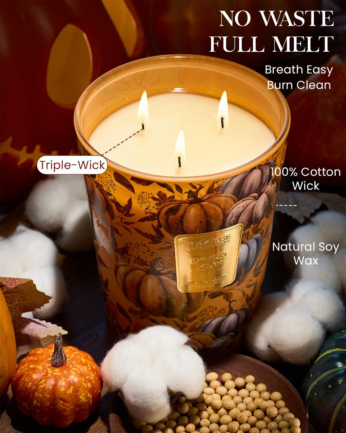 M&SENSE Pumpkin Spice Soy Candle, 35oz 3-Wick, Autumn Harvest Gift