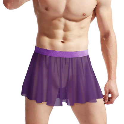 Men’s Mesh Skirt Sexy Sheer Mini Skirt Cross-Dressing Sissy Tulle Lingerie See Through Skirt Nightwear Gay Underwear Purple