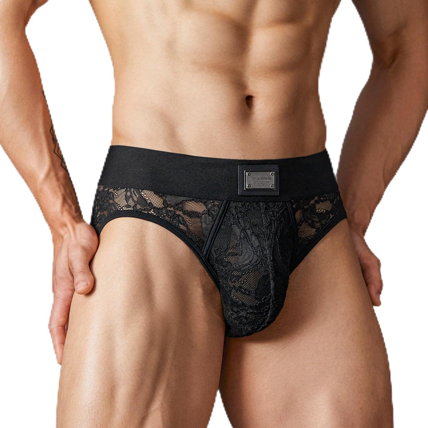 TOMATOPAPA Men's Italian Style Lace Briefs Underwear, Luxury Vintage Briefs with Floral Lace Trim, High Elastic Soft Underwear Comfortable Undepants, Sophisticated Design Black