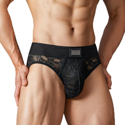 TOMATOPAPA Men's Italian Style Lace Briefs Underwear, Luxury Vintage Briefs with Floral Lace Trim, High Elastic Soft Underwear Comfortable Undepants, Sophisticated Design Black