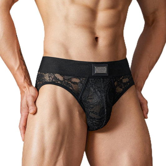 TOMATOPAPA Men's Italian Style Lace Briefs Underwear, Luxury Vintage Briefs with Floral Lace Trim, High Elastic Soft Underwear Comfortable Undepants, Sophisticated Design Black