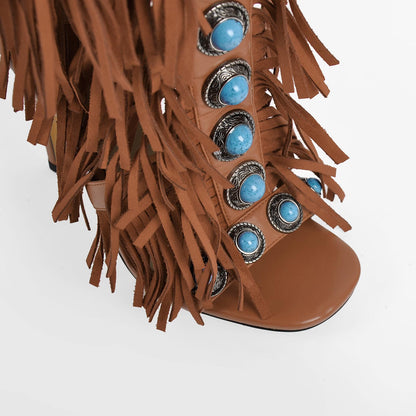 Richealnana Women's Fringe Studded Jewel Zipper Open Toe Knee High Sandals Stilettos Tassel Shoes For Party Prom Brown US 9