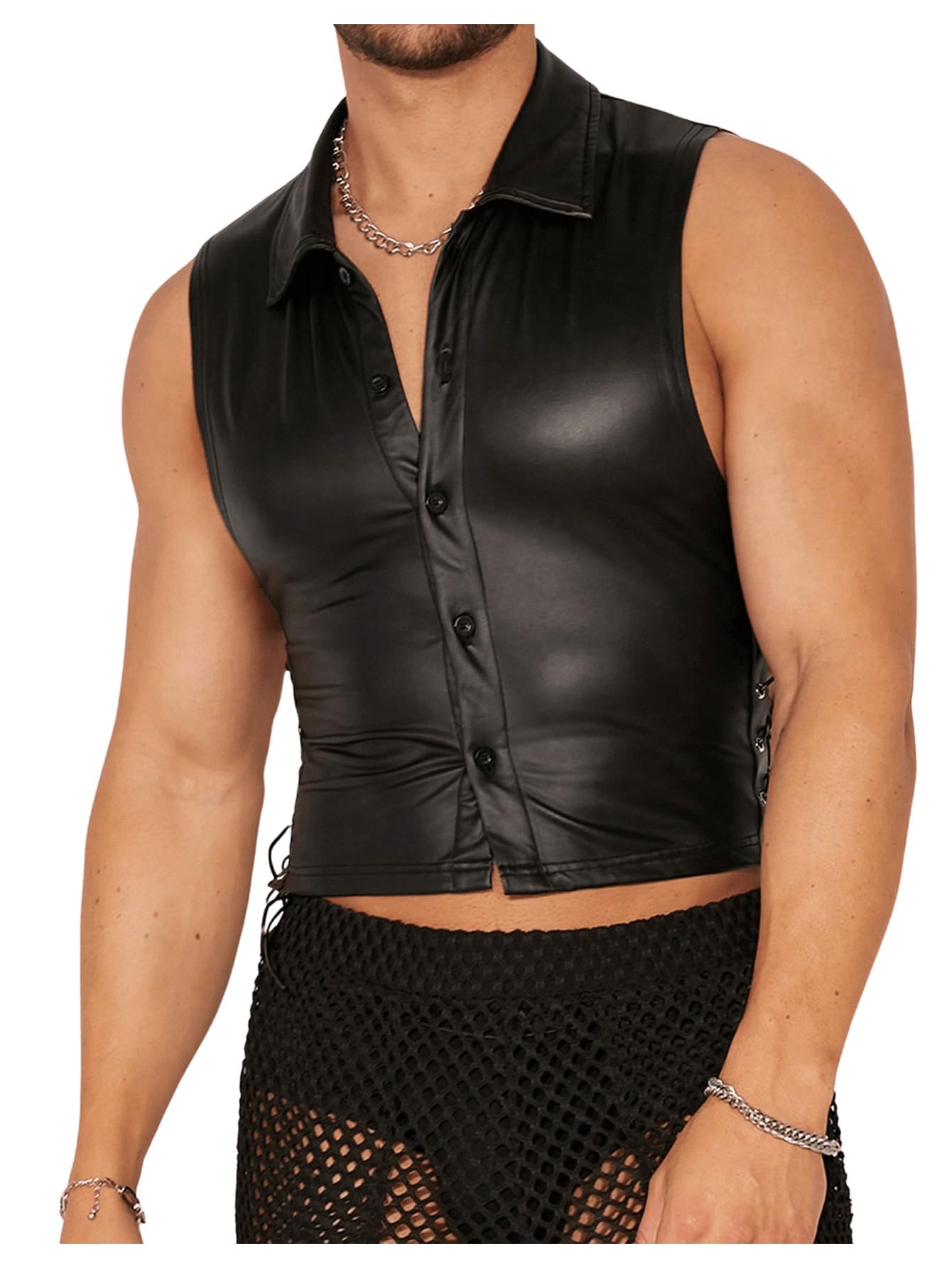 OYOANGLE Men's Faux Leather Tank Tops Sleeveless Fitted Muscle Undershirt Button Down Vest Top Nightwear Black Large