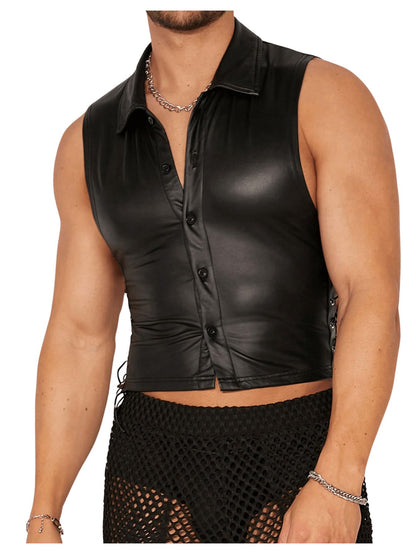 OYOANGLE Men's Faux Leather Tank Tops Sleeveless Fitted Muscle Undershirt Button Down Vest Top Nightwear Black Large