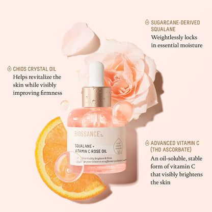 BIOSSANCE Squalane + Vitamin C Rose Advanced Facial Oil - Brightening, Firming, and Hydrating Serum for All Skin Types - Chios Crystal Oil, Damascus Rose Extract & Squalane for Radiance - 1oz