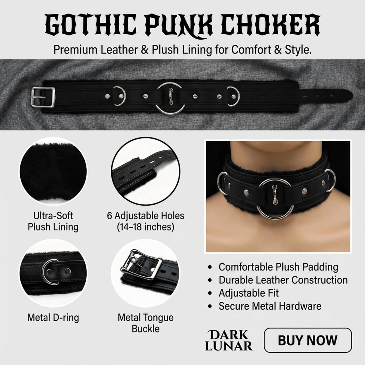 Punk choker leather Collar for women with Lock Bell O-ring Adjustable gothic Leather Choker Necklace Collar for Women Black