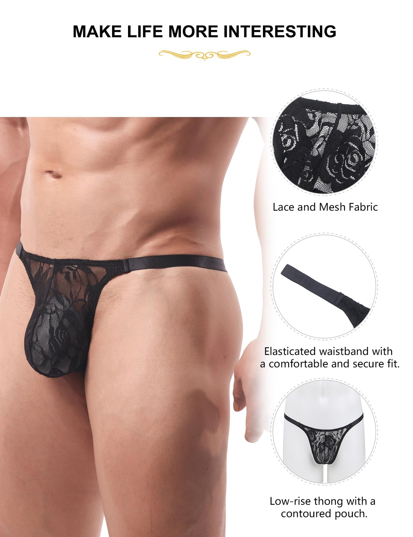 Mens Sexy Thong Underwear G-String Briefs Black Print Low Rise Sexy Hot Shorts for Mens Soft T-Back Thong 2 Piece（Black White S）