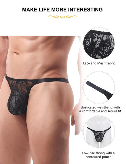 Mens Sexy Thong Underwear G-String Briefs Black Print Low Rise Sexy Hot Shorts for Mens Soft T-Back Thong 2 Piece（Black White S）