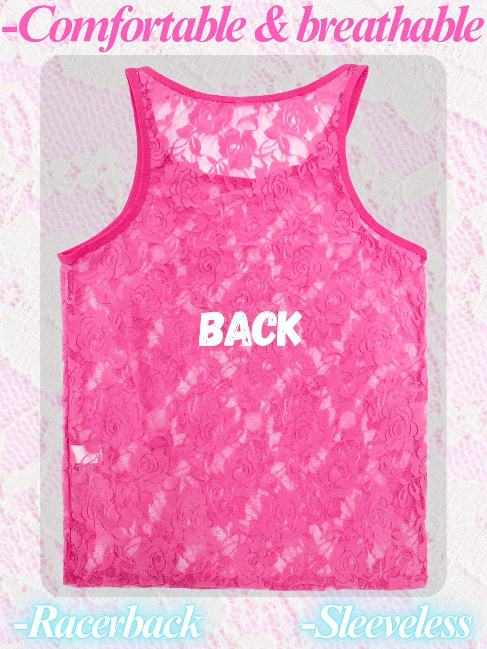 Men Sexy Lace Tank Top, Sheer Mesh Shirt Sissy Clothes Hot Pink M