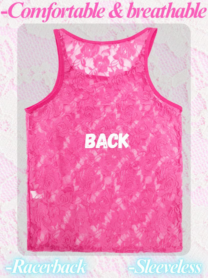 Men Sexy Lace Tank Top, Sheer Mesh Shirt Sissy Clothes Hot Pink M