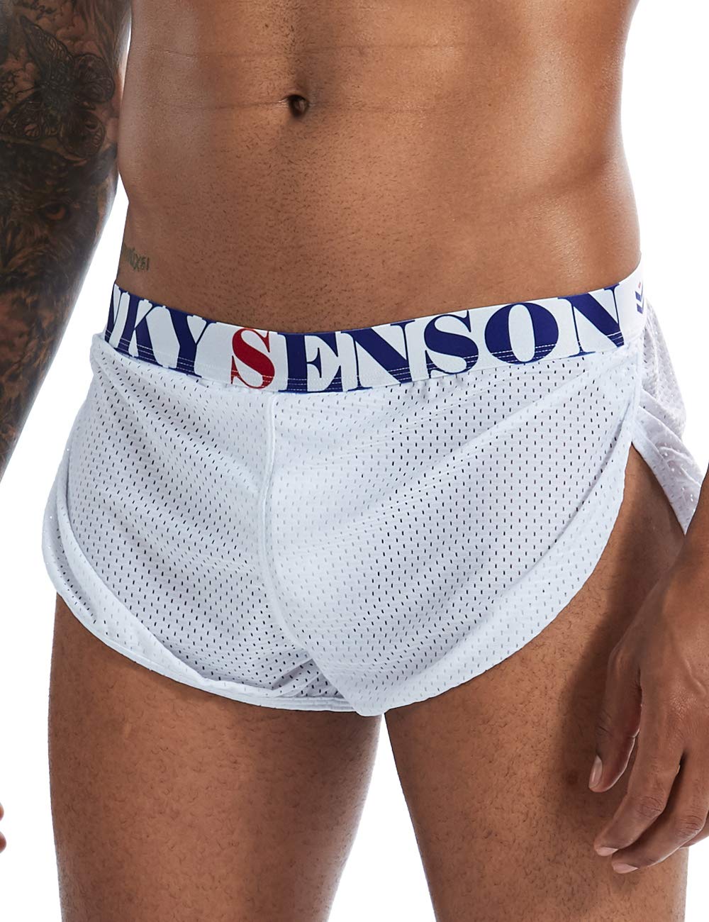 MIZOK Men's Slit Side Bodybuilding Shorts Breathable Mesh Workout Yoga Short (White,L)