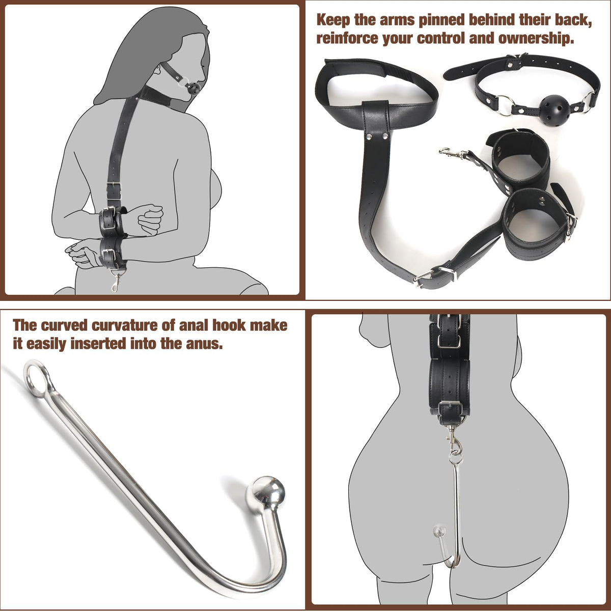 BDSM Anal Hook Sex Toys Neck to Wrist Bondage Set with Ball Gag for Couple