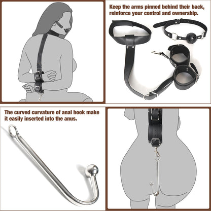 BDSM Anal Hook Sex Toys Neck to Wrist Bondage Set with Ball Gag for Couple
