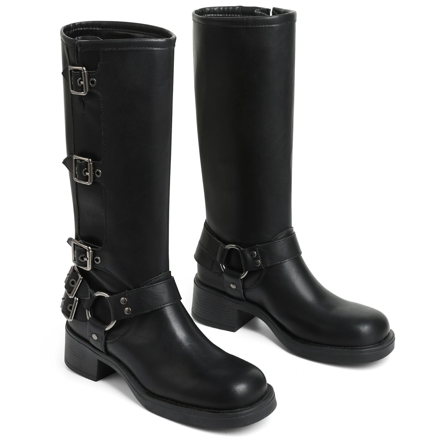Black boots for women knee high Moto Buckle Tall Boots Size 8.5