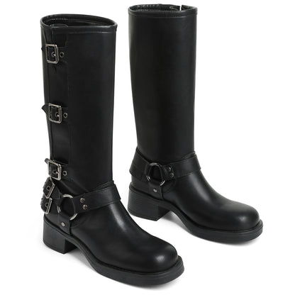Black boots for women knee high Moto Buckle Tall Boots Size 8.5