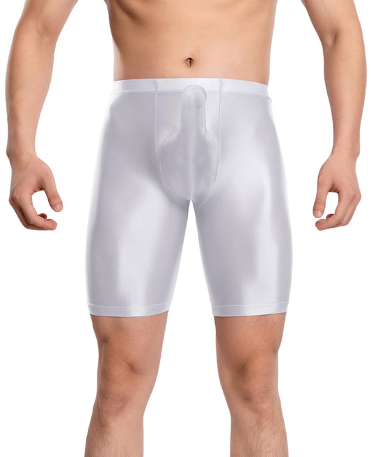 Men's See Through Ice Silk Shorts Shiny Sport Tight Oil Glossy Biker Shorts 3D Contour Seamless Workout Fitness Compression Shorts White XL