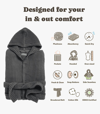 KOSMU 100% Organic Japanese Cotton Waffle Knit Bathrobe | Thick Luxury Hotel Spa Onsen Shower Sauna Towel Terry Bath Robe with Hood and Snap Buttons for Men & Women (Hooded, Smoke Grey, 2XL)