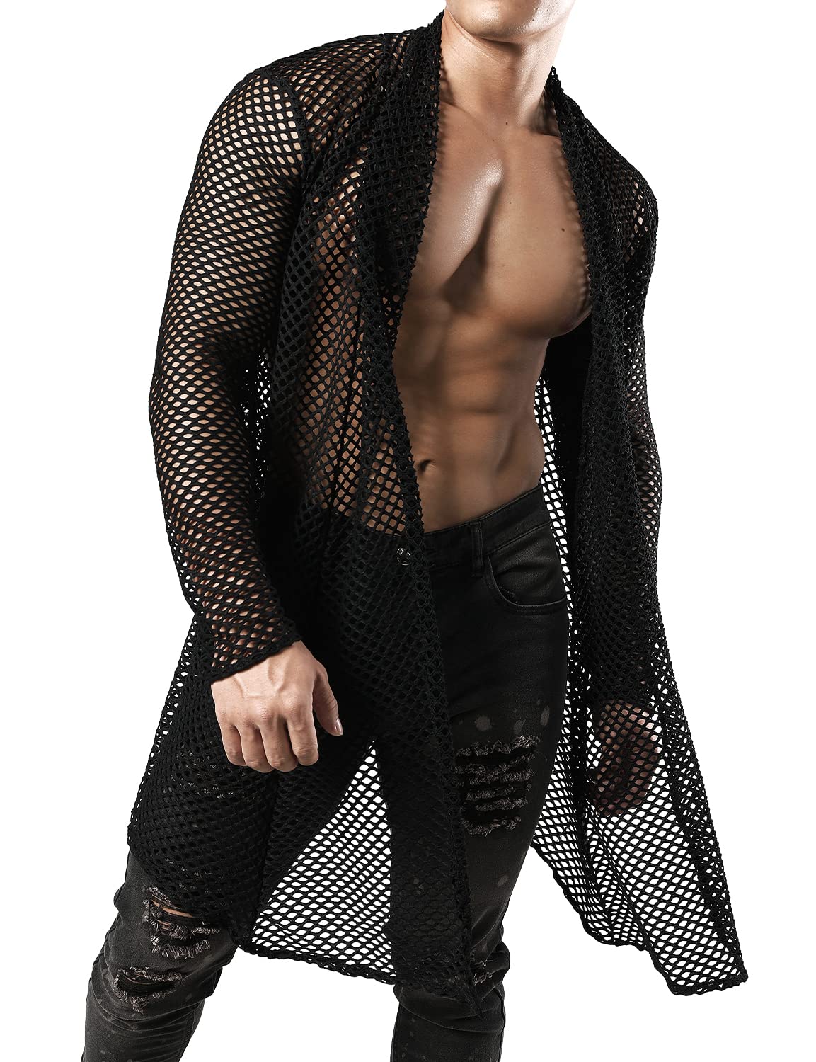 JOGAL Men's Mesh Fishnet Fitted Muscle Cardigan Large WG05 Black