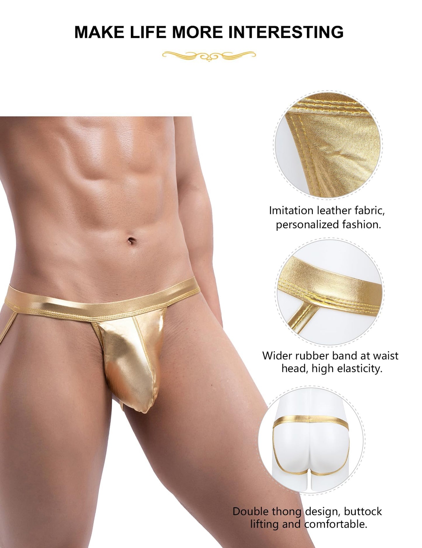 Mens Thong -Sexy Jockstrap Underwear with Bulge Pouch Low Rise Briefs - Metallic Lingerie for Men Golden