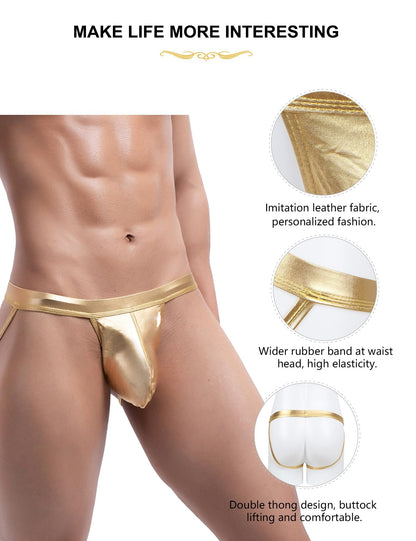 Mens Thong -Sexy Jockstrap Underwear with Bulge Pouch Low Rise Briefs - Metallic Lingerie for Men Golden