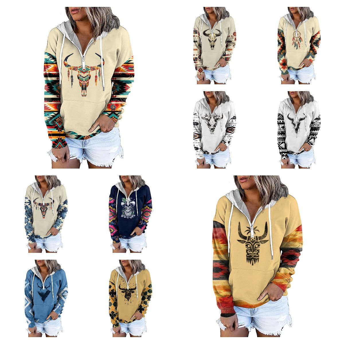 Ethnic Print Women Sweatshirts - Moose Graphic Western Cowboy Pattern - Outfits Hoodies