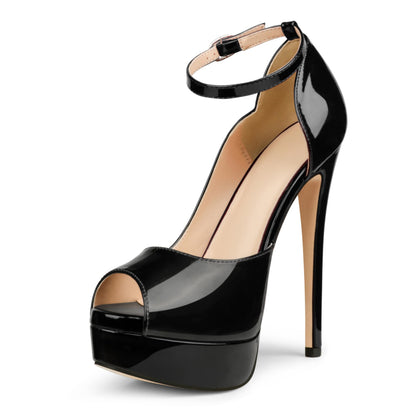 Women's Peep Toe Platform Stiletto Heels Pumps, Black Patent, US11