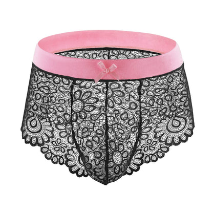 Men Sissy Underwear Floral Lace Bra Bikini Panties Bowknot Stockings 3 Piece Nightwear Sleepwear set Black + Pink X-Large
