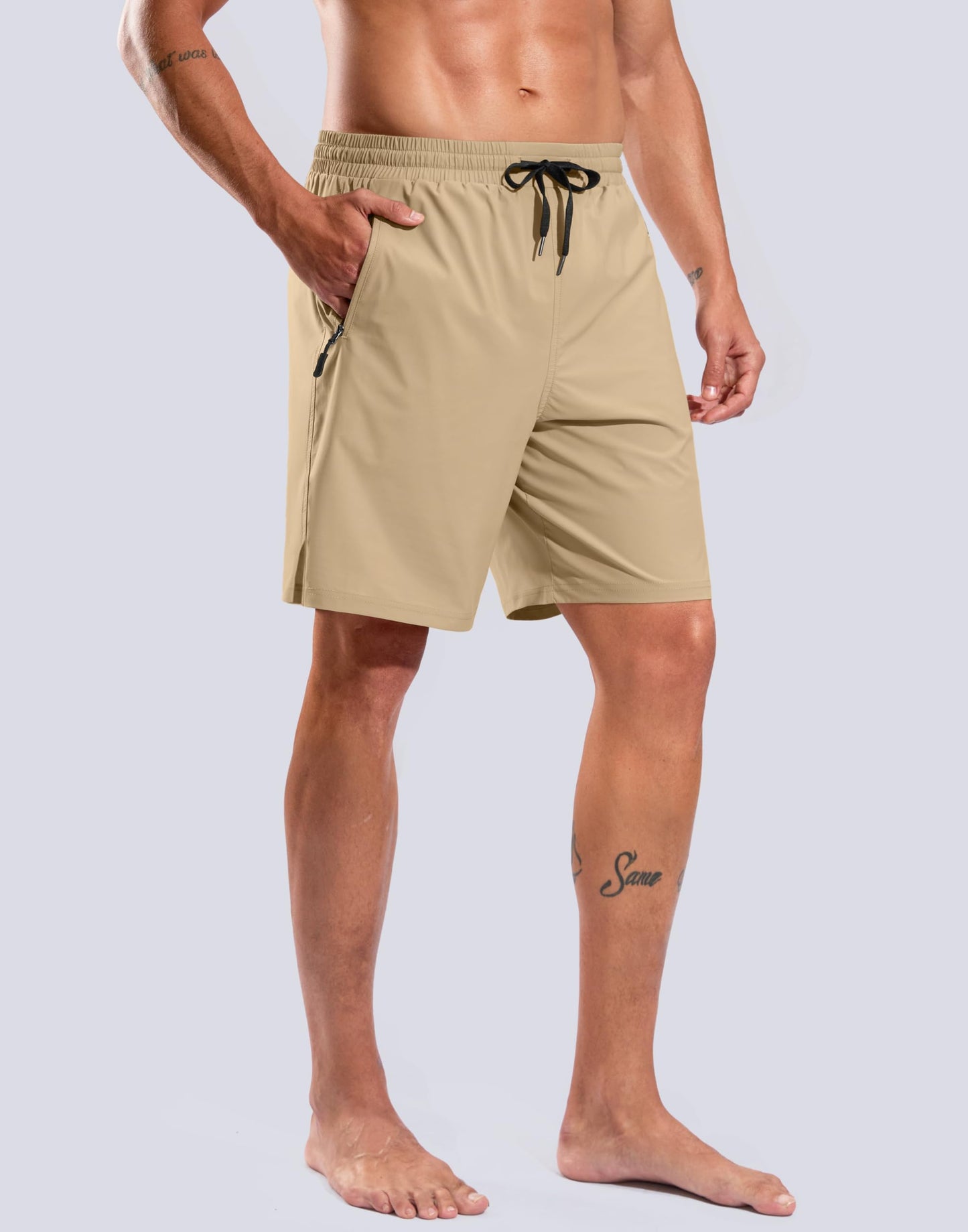 Mens Swim Trunks with Compression Liner -  Quick Dry Board Shorts Swimsuit Bathing Suit for Men - Khaki