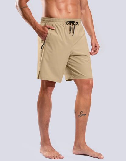 Mens Swim Trunks with Compression Liner -  Quick Dry Board Shorts Swimsuit Bathing Suit for Men - Khaki